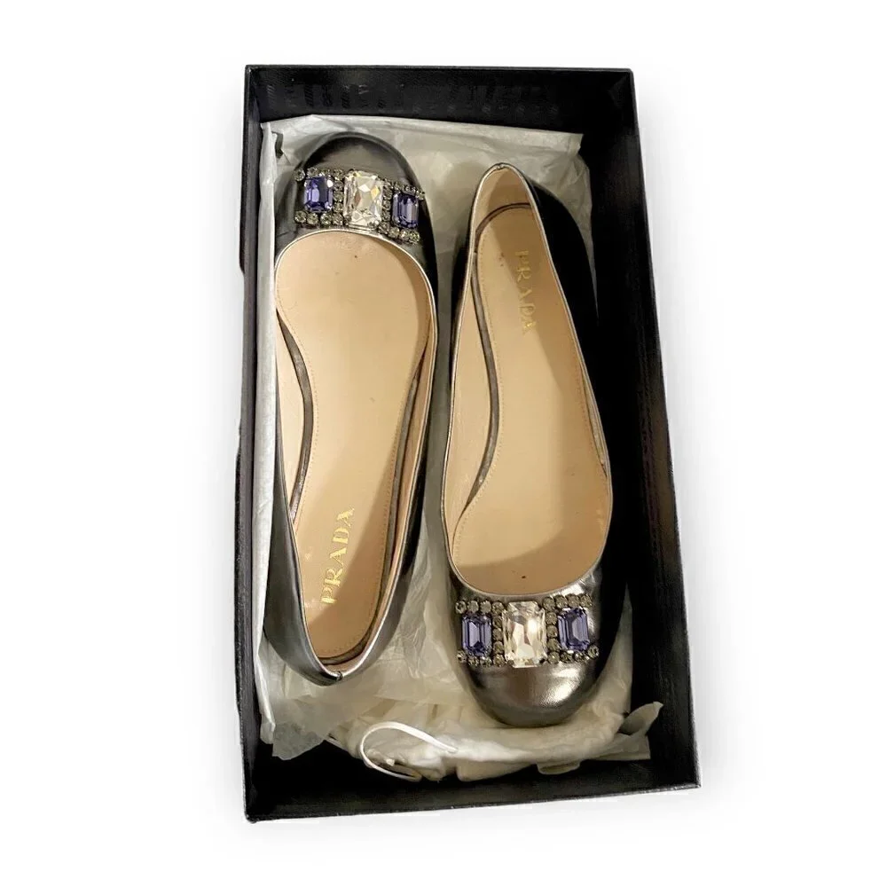 Prada pewter leather jewelled flats, size 38.5 EU